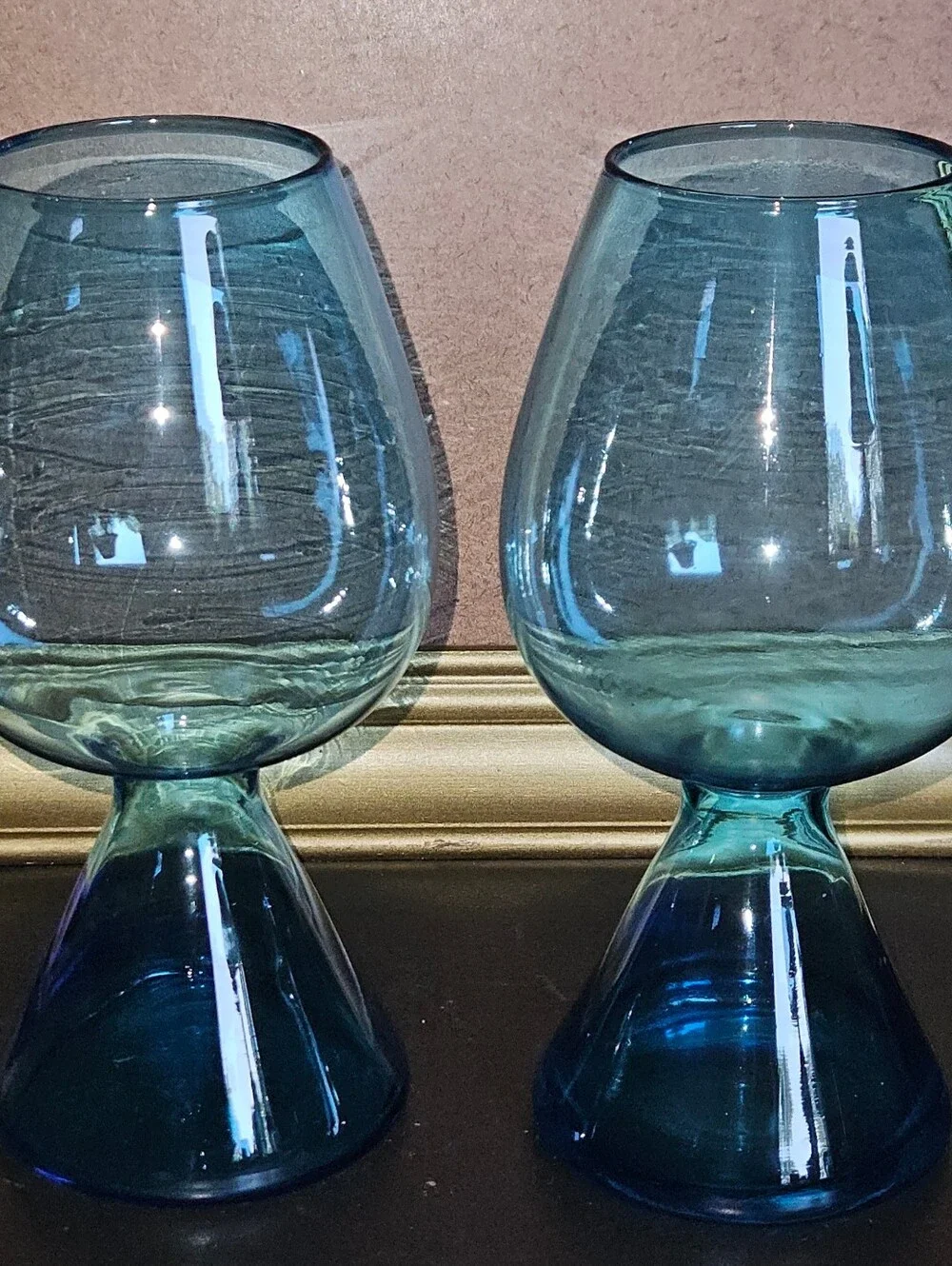 2 Vintage Mid-Century Modern Empoli art Glass Goblets or Vases Turquoise Blue
